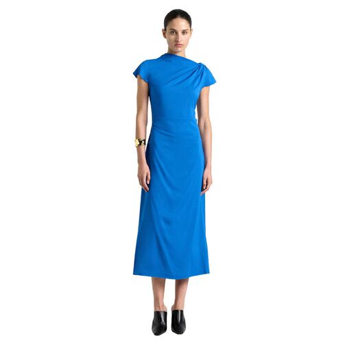 Cue Blue Stretch Viscose Draped Neck Midi Dress